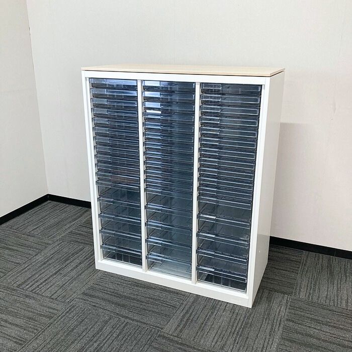 オカムラ レクトラインシリーズ クリスタルトレイ［浅型33段/深型15段］ 4B03AC ZA75 W900×D450×H1115 天板：プライズウッドライト/本体：ネオホワイト 2019年製 中古